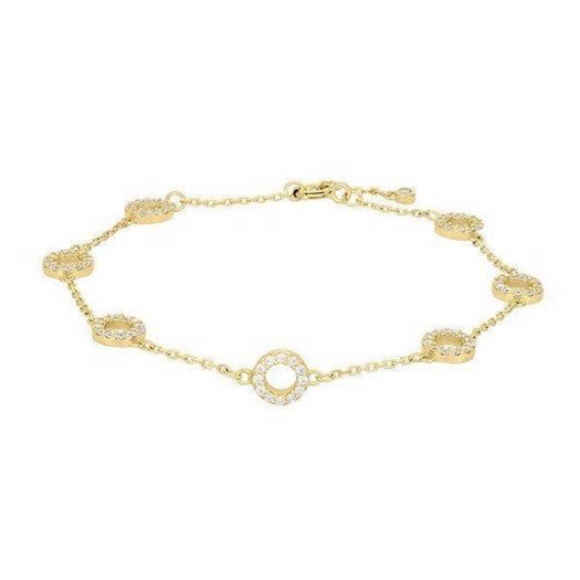 JoanliNor ANNANOR armbånd i forgyldt sterling sølv med syv zirkonia-cirkler, justerbart 17–20 cm.